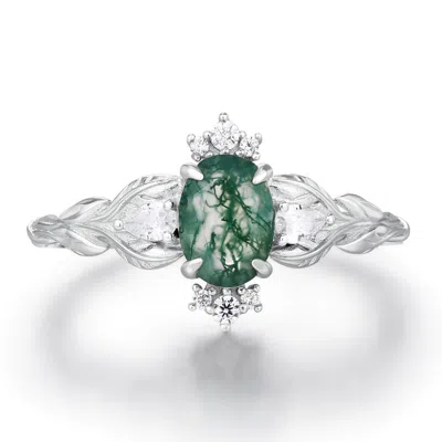 Azura Jewelry New York Women's Green / Silver Silver Leaf Moss Agate Ring White Gold Vermeil