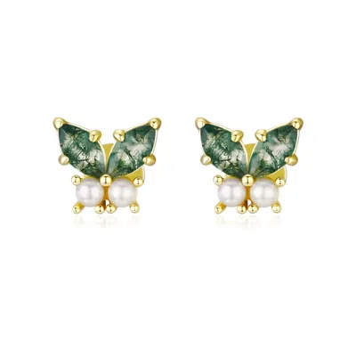 Azura Jewelry New York Women's Monarch Butterfly Moss Agate Earrings Yellow Gold Vermeil