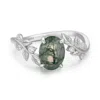 Azura Jewelry New York Women's Silver Between The Leaf Oval Moss Agate Ring Solid White Gold© In Silver