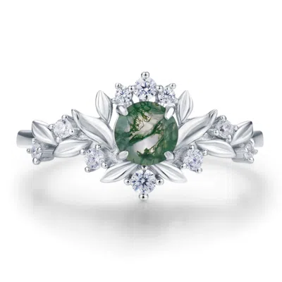 Azura Jewelry New York Women's Silver Blossoms At Sunrise Moss Agate Ring White Gold Vermeil