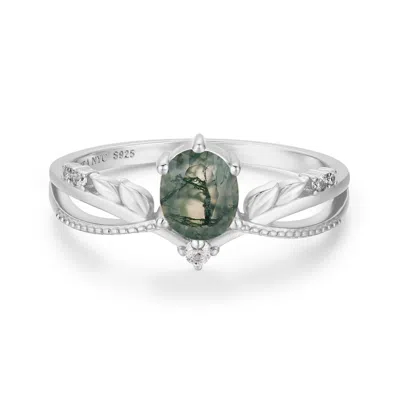 Azura Jewelry New York Women's Silver Calla Lily Moss Agate Ring White Gold Vermeil
