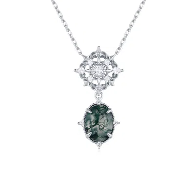 Azura Jewelry New York Women's Silver Eternal Orbit Moss Agate Necklace White Gold Vermeil