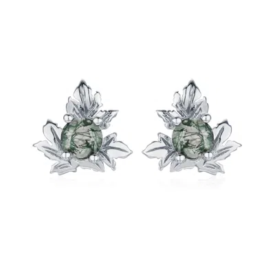 Azura Jewelry New York Women's Silver Frosted Fern Moss Agate Studs White Gold Vermeil