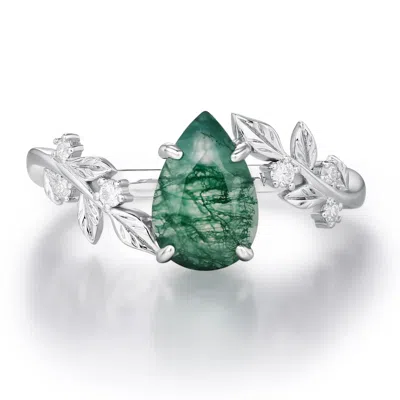 Azura Jewelry New York Women's Silver / Green Between The Leaf Pear Moss Agate Ring White Gold Vermeil
