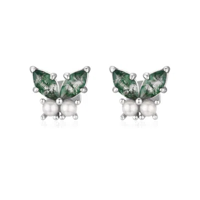 Azura Jewelry New York Women's Silver Monarch Butterfly Moss Agate Earrings White Gold Vermeil