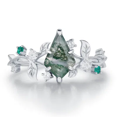 Azura Jewelry New York Women's Silver Secret Garden Moss Agate Emerald Ring White Gold Vermeil