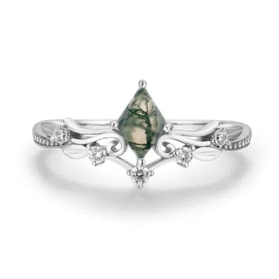 Azura Jewelry New York Women's Silver Victorian Lace Moss Agate Ring Solid White Gold©