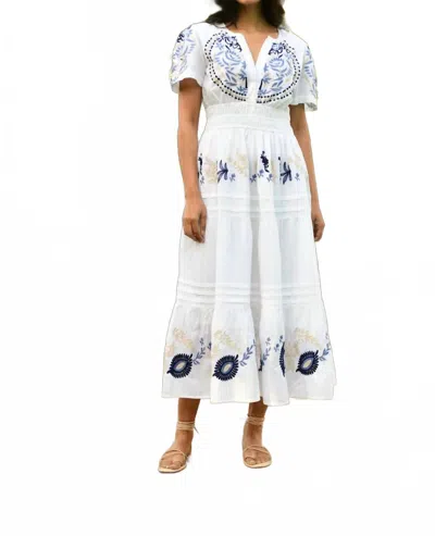 Azure And Indigo V-neck Embroidered Maxi Dress In White/blue In Multi