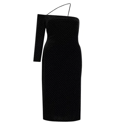Azzalia Women's Asymmetrical Velvet Sleeves Dress With Ankle Length - Black & Silver Studs