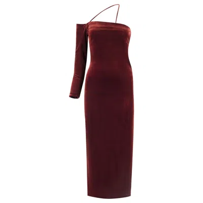 Azzalia Women's Asymmetrical Velvet Sleeves Dress With Ankle Length In Copper Velvet In Brown