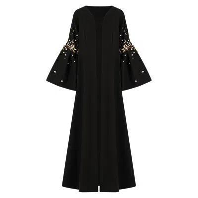 Azzalia Women's Black Crepe Abaya With Puffed Sleeve With Scattered Embroidery