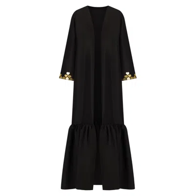 Azzalia Women's Black Fitted Sleeve Abaya Embellished With Metal Heart Motifs With Gathered Hemline-after Da
