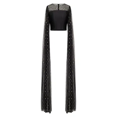Azzalia Women's Black / Gold Tulle Top With Oversized Sleeves - Black & Metallic Gold In Black/gold