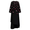 Azzalia Women's Black Long Sleeve Crepe Flowy Maxi Dress With Scattered Embroidery In Lips And Heart Motifs- In Black