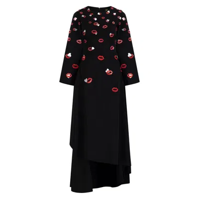 Azzalia Women's Black Long Sleeve Crepe Flowy Maxi Dress With Scattered Embroidery In Lips And Heart Motifs-