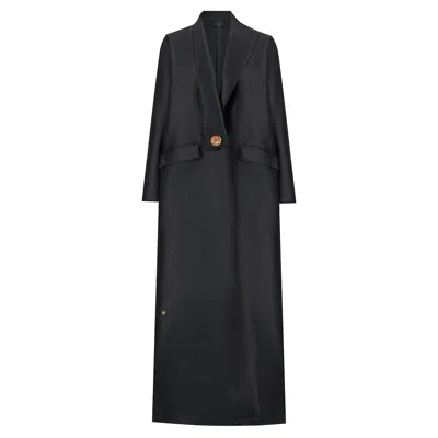 Azzalia Women's Black Mikado Abaya In An Un Symmetrical Modern Lapel Carring A Jumbo Handmade Pointed Button