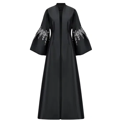 Azzalia Women's Black Mikado Abaya With Antique Grey Sequin On Bell Sleeves