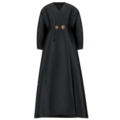 Azzalia Women's Black Mikado Abaya With Egg Sleeves Overlapped And Secured With Hand Made Painted Buttons