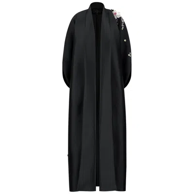 Azzalia Women's Black Mikado Abaya With One Side 3d Embroidery In Floral Motifs