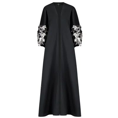 Azzalia Women's Black Mikado Abaya With Puffed Sleeves With Metalic Embroidered Floral Motifs