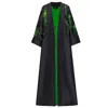 Azzalia Women's Black Mikado Abaya With Rolled-up Sleeves And Jacquard Printed Fine Line Pocket- Lime Punch In Black