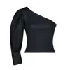 Azzalia Women's Black Mikado One Shoulder Top With Puffed Sleeve In Black