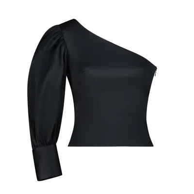 Azzalia Women's Black Mikado One Shoulder Top With Puffed Sleeve
