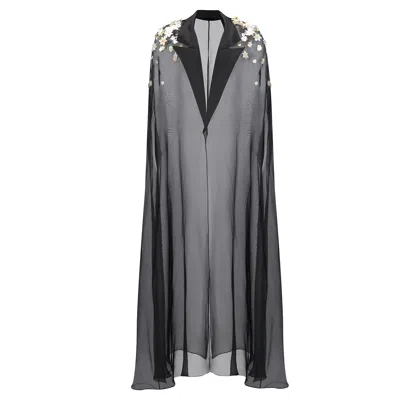 Azzalia Women's Black Organza Abaya With Lapel Collar And Three-d Metallic Embriodery