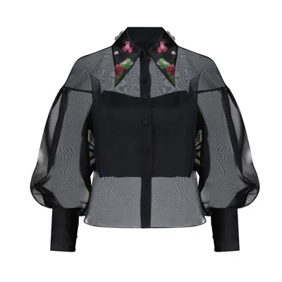 Azzalia Women's Black Organza Shirt With Three-d Floral Embroidery On The Collar In Gray
