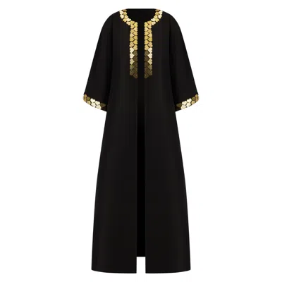 Azzalia Women's Black Two Piece Ensemble Bisht With Dress In Mikado Fabric Embellished With Metal Heart Moti
