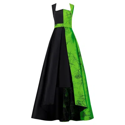 Azzalia Women's Black Two-toned Dress With Statement Tail And Jacquard Printed Belt