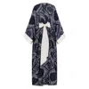 Azzalia Women's Blue Classic Abaya Cut With Belt In Printed Navy Paisley Rayon In Blue