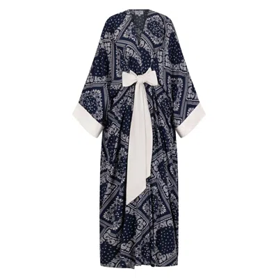 Azzalia Women's Blue Classic Abaya Cut With Belt In Printed Navy Paisley Rayon