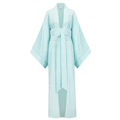 Azzalia Women's Blue Kimono Abaya In Engraved Silk With High Waist Belt In Fair Aqua Color