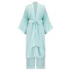 Azzalia Women's Blue Short Engraved Silk Abaya With Long Wide Legged Pants Secured With A Bow Belt In Fair A In Blue