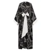 Azzalia Women's Classic Abaya Cut With Belt In Printed Black Paisley Rayon In Black