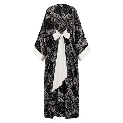 Azzalia Women's Classic Abaya Cut With Belt In Printed Black Paisley Rayon