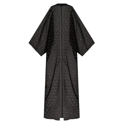 Azzalia Women's Classic Cut Organza Evening Abaya With Metallic Treads Heart Motifs On Fabric-black Coffee