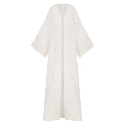 Azzalia Women's Classic Cut Organza Evening Abaya With Metallic Treads Heart Motifs On Fabric-star White