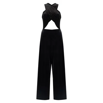 Azzalia Women's Cross Velvet Wide Legged Jumpsuit In Black With Mini Gold Studs