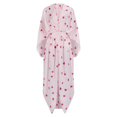 Azzalia Women's Drapped Silk Kaftan With Belt In Printed Silk With Touched Of Heart Shaped In White