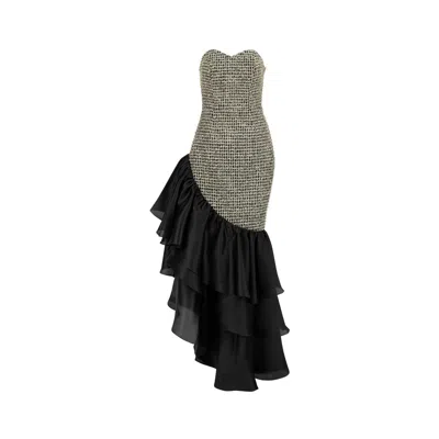 Azzalia Women's Fitted Tweed Cocktail Dress With Pure Silk Organza Layered Frills-multicolor In Black