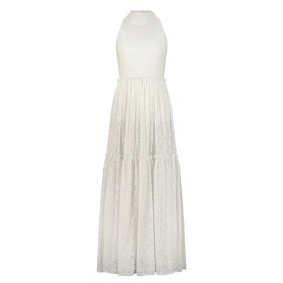 Azzalia Women's Fleuri Eyelet High Neck Dress With Back Neck Tie- White