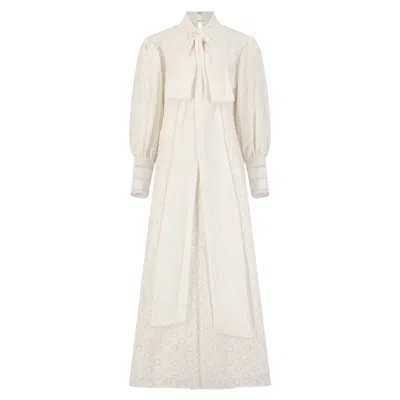 Azzalia Women's Fleuri  Eyelet Maxi Dress With High Neck Tie- White
