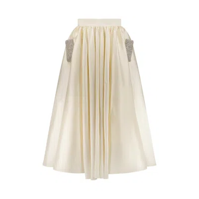 Azzalia Women's Gathered Biased Cut Raw Silk Skirt With Embellishment Crystals Pocket Beige Color