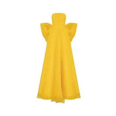 Azzalia Women's Gold Pure Silk Organza Cocktail Gown, Flowy With Embellished Jumbo Bow-sunflowet