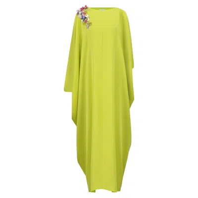 Azzalia Women's Green Crepe Silk Kaftan In Mariposa Cut And Slitted Sleeves With One Shoulder Three D Embell