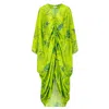 Azzalia Women's Green Floral Print Mariposa Cut Kaftan In Pure Silk With Central Gathering In Color Lime Pun In Green