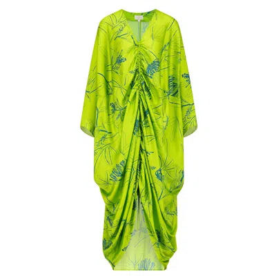 Azzalia Women's Green Floral Print Mariposa Cut Kaftan In Pure Silk With Central Gathering In Color Lime Pun