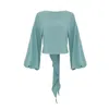 Azzalia Women's Green Long And Puffy Sleeves Top With Low Bow In Jade In Green